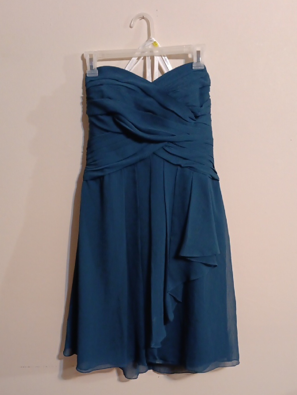 Davids Bridal F14847 Short Crinkle Chiffon Dress with Front Cascade Strapless